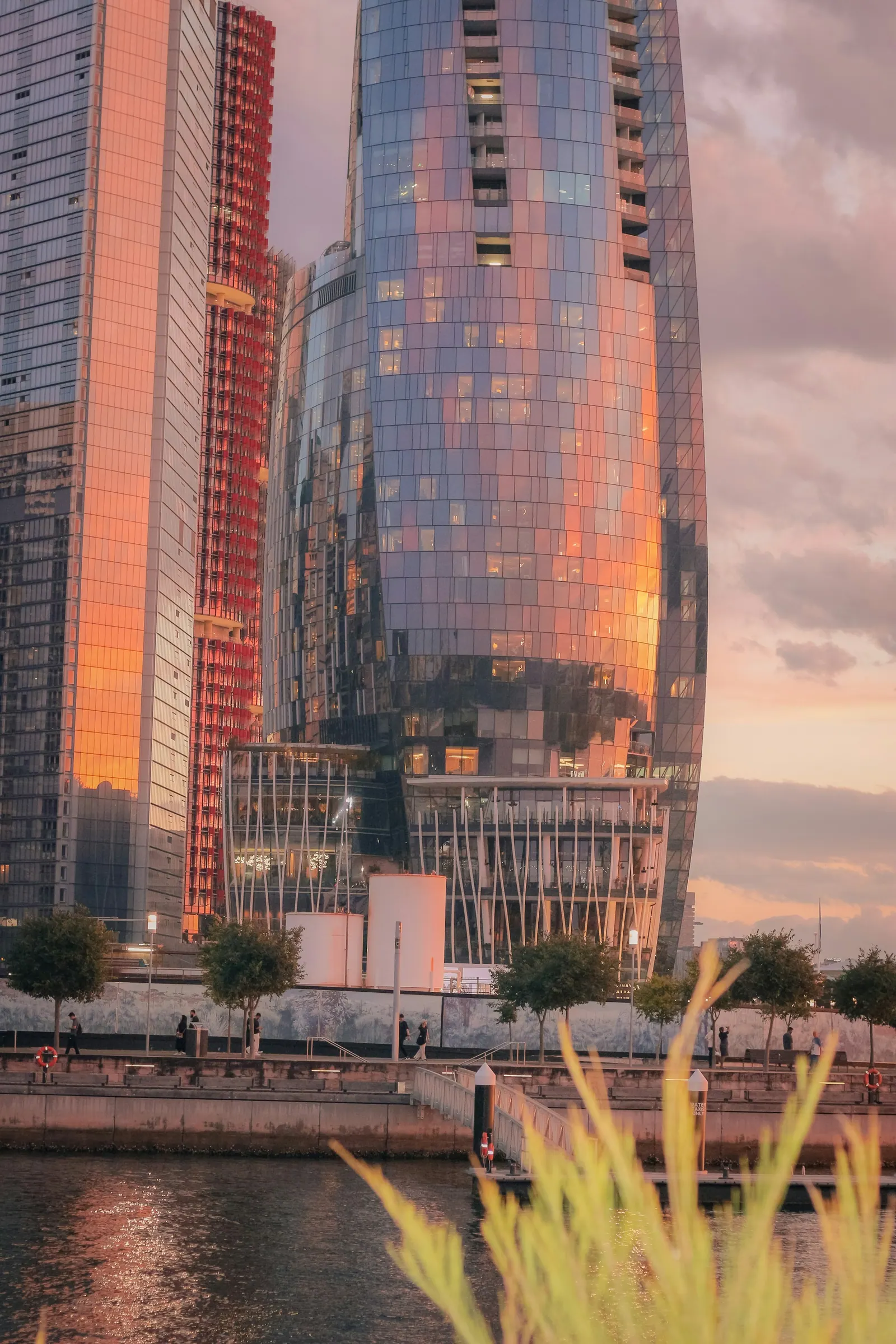 Barangaroo towers glowing gold at sunset